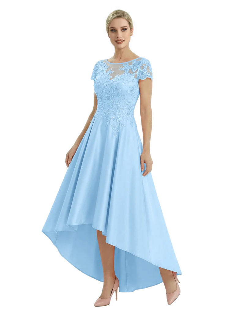 Elegant Mother of The Bride Dress Scoop Short Sleeve Lace Satin High-Low A-Line Gown