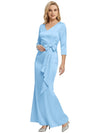 Mother of The Bride Dress Elegant V-Neck 3/4 Sleeve Satin Trumpet Maxi Gown