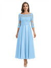 Mother of The Groom Dress Off Shoulder 3/4 Sleeve Lace Satin Midi Gown Classy Pleated