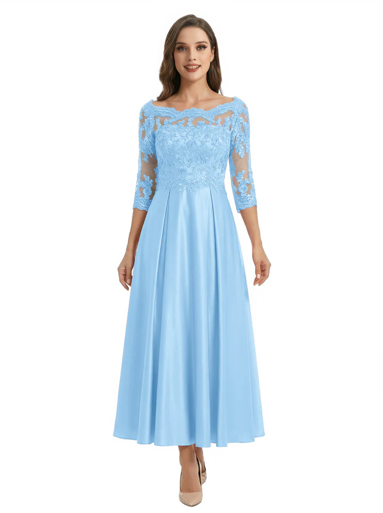 Mother of The Groom Dress Off Shoulder 3/4 Sleeve Lace Satin Midi Gown Classy Pleated