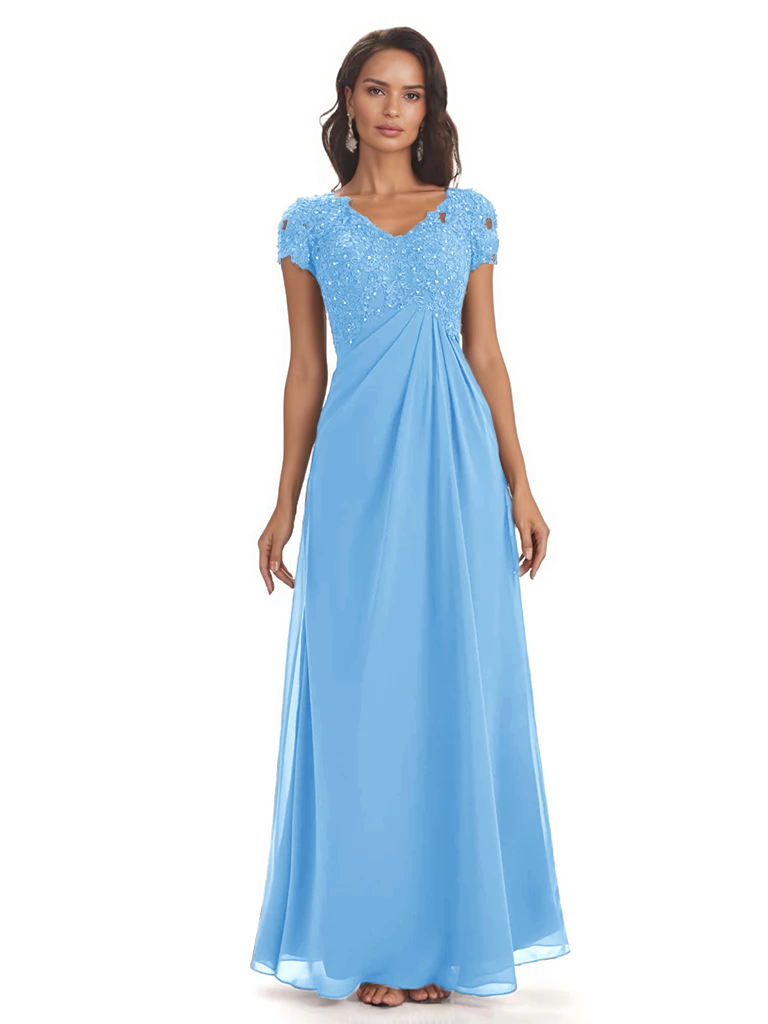 Elegant Short Sleeves Beaded Pleats A-line Floor-Length Mother of The Bride Dresses