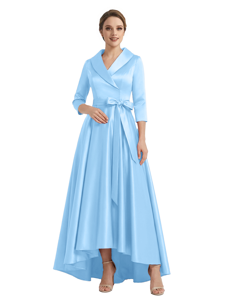 Modern High-Low 3/4 Sleeves Satin Mother Of The Bride Dress With Bow Knot