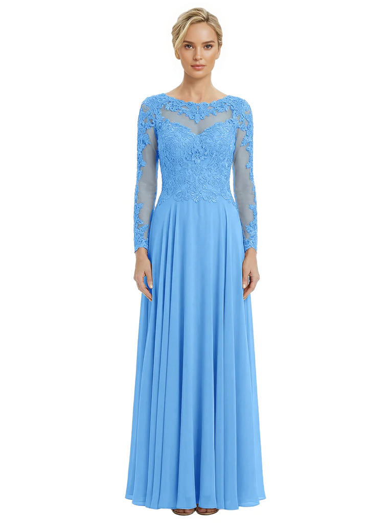Mother of The Bride Dresses Scoop Long Sleeve Lace Chiffon Maxi Gown Pretty Embroidered Formal Wedding Event Attire