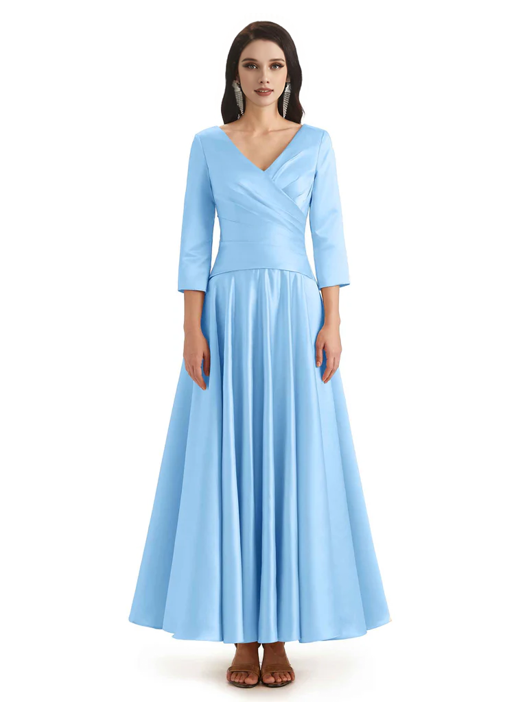 Elegant Soft Satin 3/4 Sleeves V-Neck Ankle Length Mother of The Bride Dresses