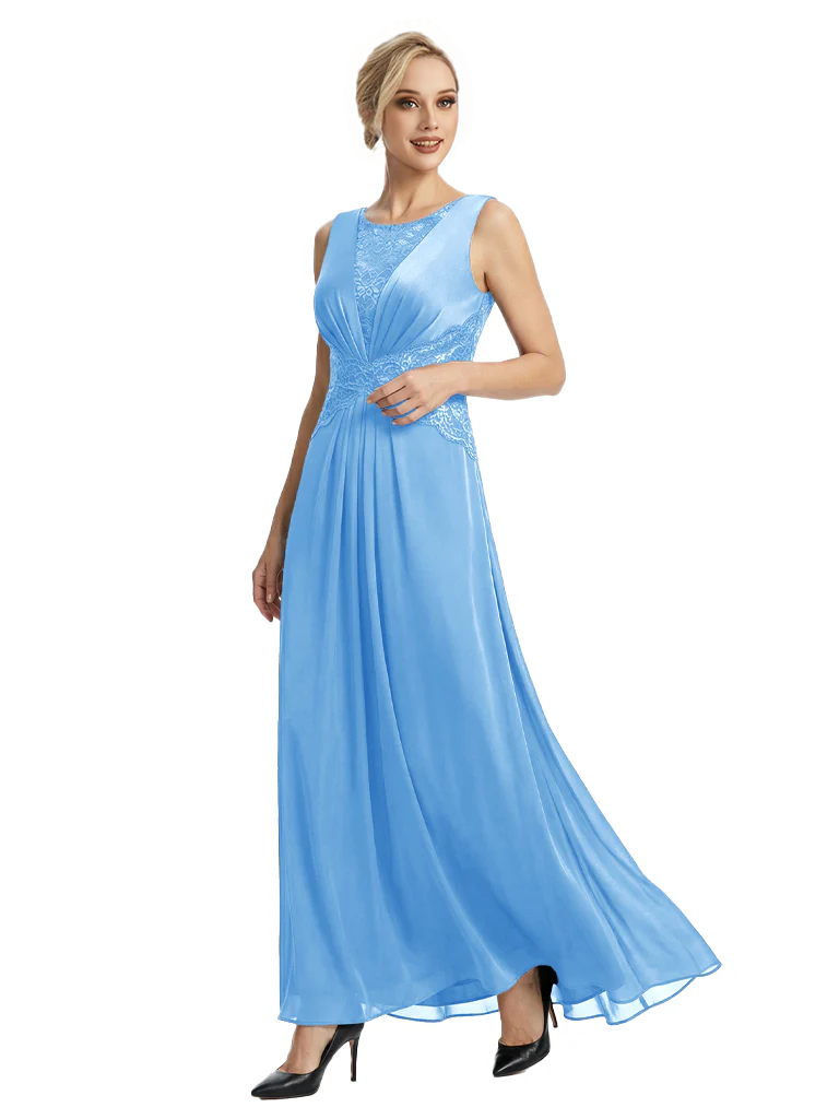 Mother of The Bride Dresses Scoop Sleeveless Lace Chiffon Maxi Gown Classy Ruched Formal Wedding Event Dress