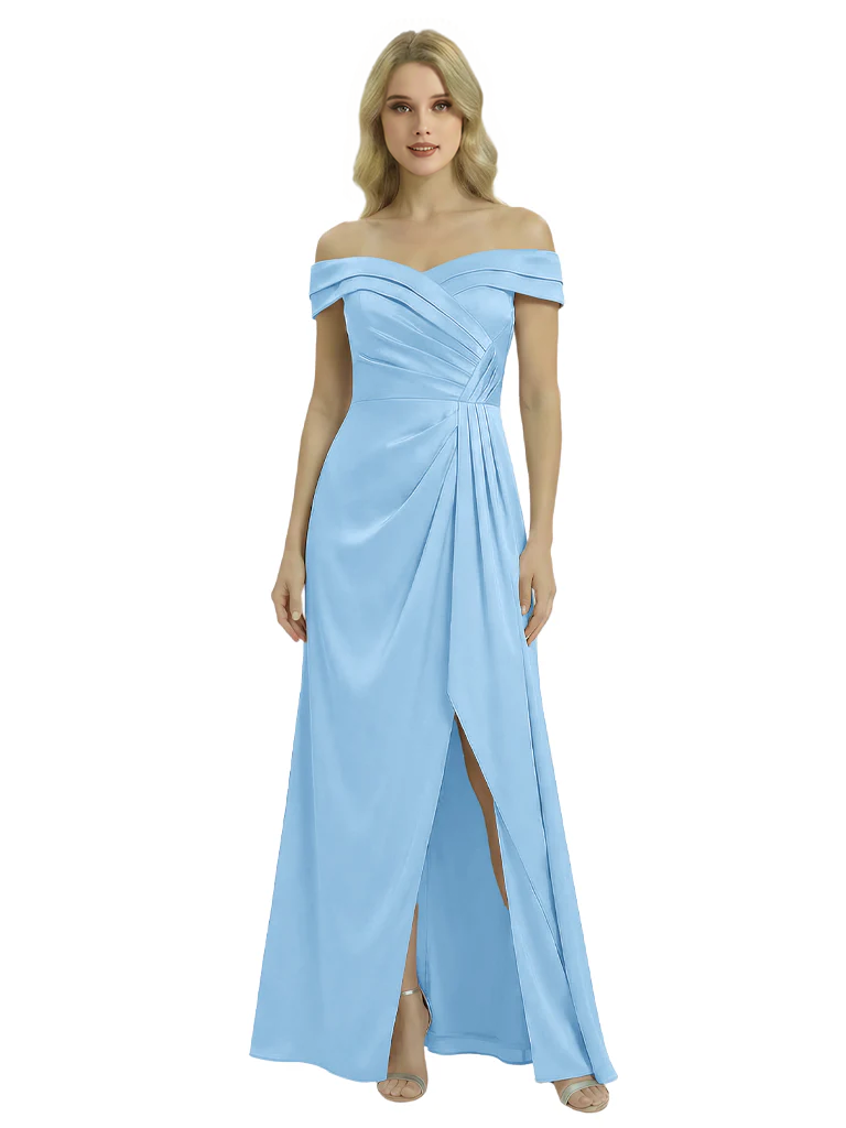 high low off shoulder prom dress Ice Blue Off Shoulder High Low Party Dresses, Handmade Formal Gowns, P
