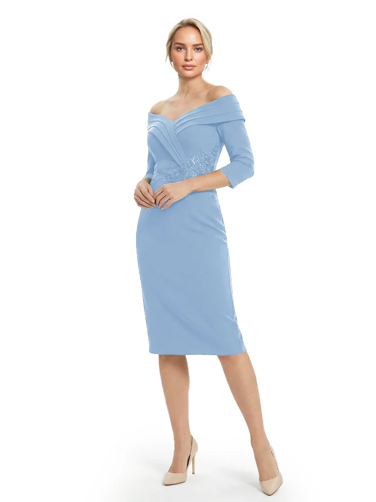 Mother of The Groom Dresses Off The Shoulder 3/4 Sleeve Satin Sheath Midi Dress Pretty Lace Detailed Formal Bridal Party Attire