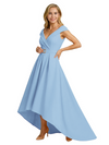 Mother of The Groom Dress Fancy Cap Sleeve Crepe High-Low A-Line Gown Elegant Belt Accent