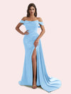 Elegant Mermaid Side Slit Off Shoulder Pleats Soft Satin Long Bridesmaid Dress for Wedding
