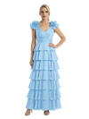 Mother of The Bride Dresses V-Neck Sleeveless Satin Tiered Maxi Gown Unique Flower Detailed Formal Wedding Event Attire