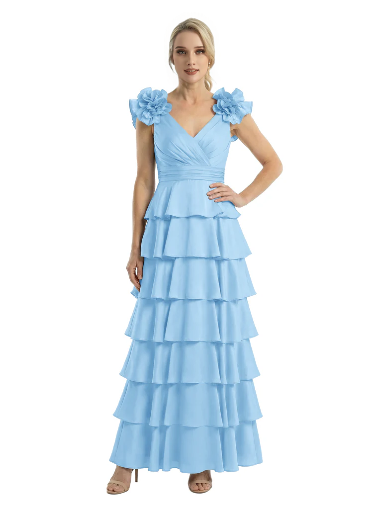 Mother of The Bride Dresses V-Neck Sleeveless Satin Tiered Maxi Gown Unique Flower Detailed Formal Wedding Event Attire