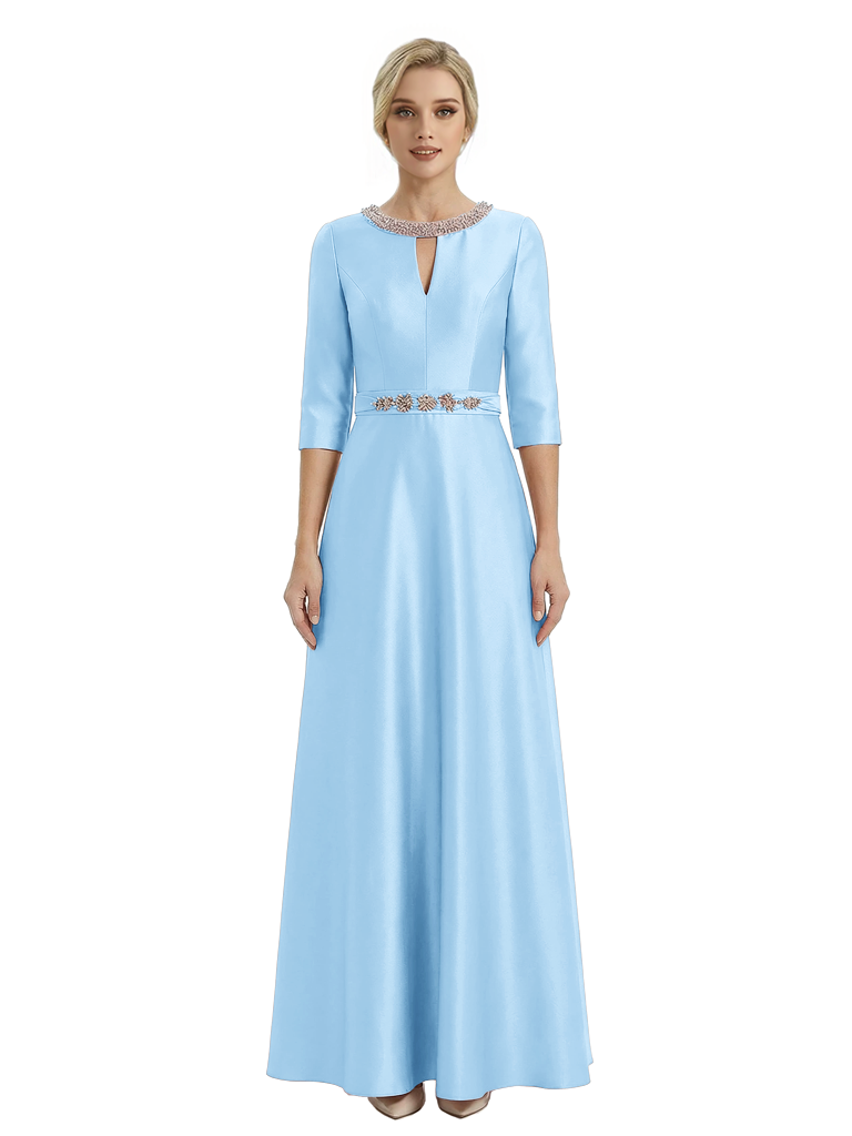 Sophisticated 3/4 Sleeves Beaded A-Line Satin Mother Of The Bride Dress