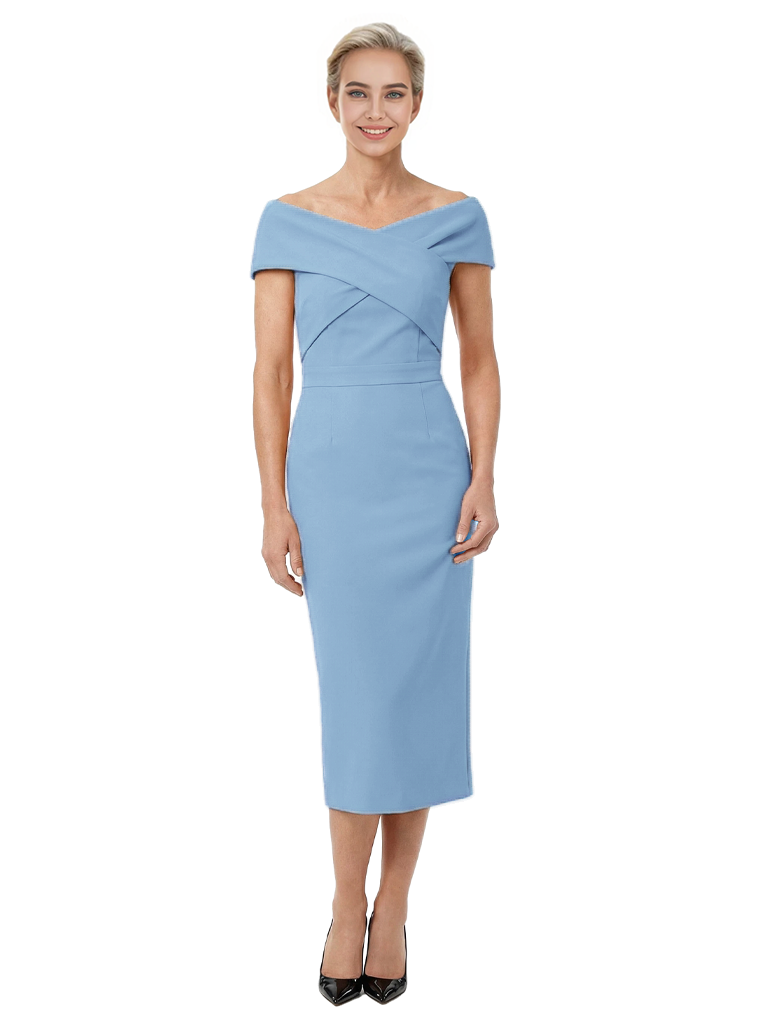 Mother of The Bride Dress Classy Off Shoulder Crepe Sheath Midi Gown Modern Wrap Detail