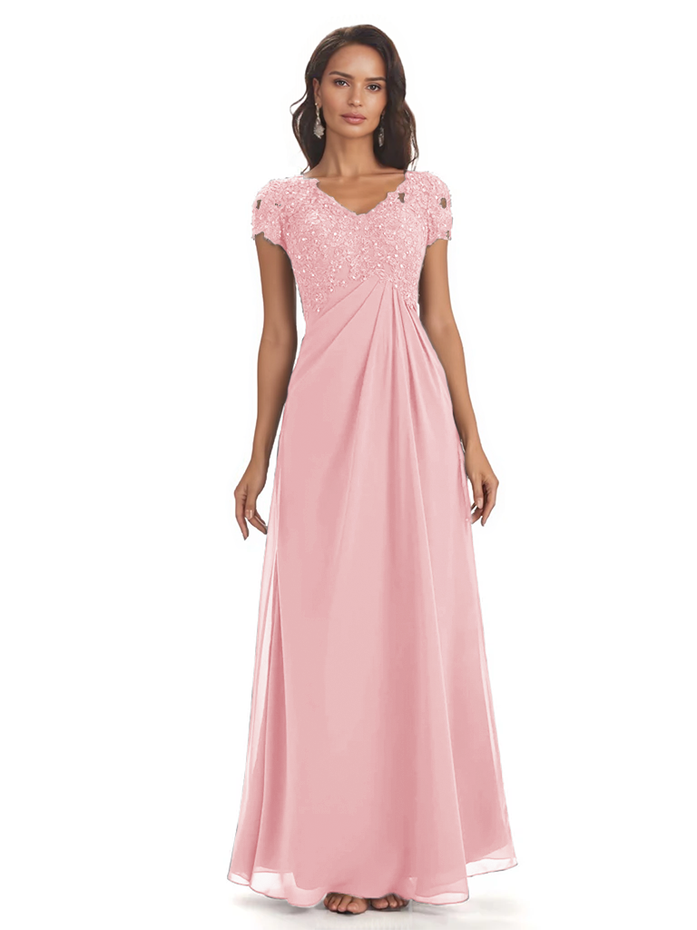 Elegant Short Sleeves Beaded Pleats A-line Floor-Length Mother of The Bride Dresses