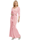 Mother of The Bride Dress Elegant V-Neck 3/4 Sleeve Satin Trumpet Maxi Gown