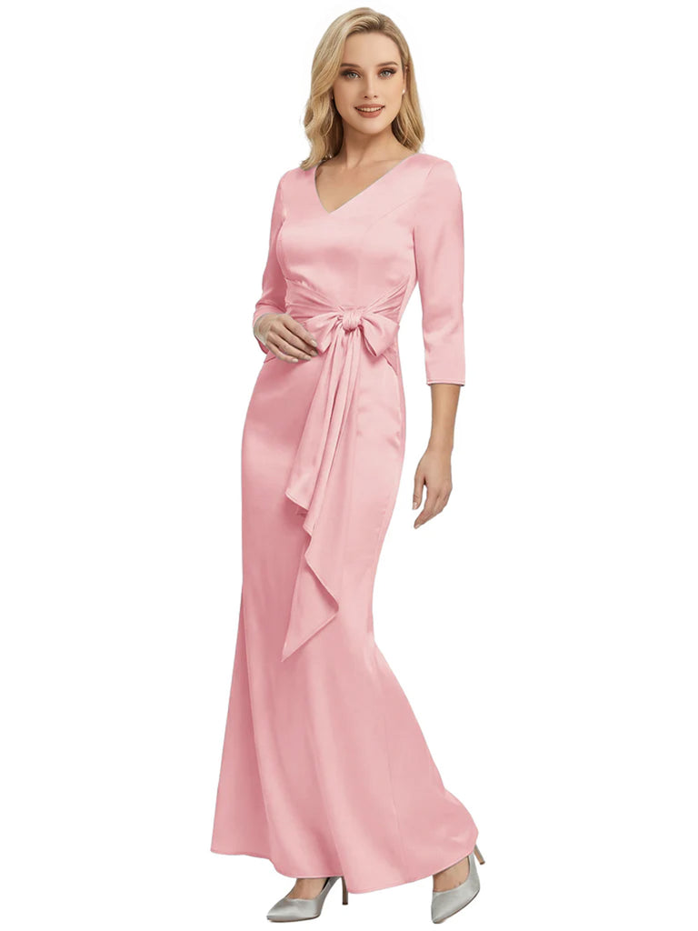 Mother of The Bride Dress Elegant V-Neck 3/4 Sleeve Satin Trumpet Maxi Gown