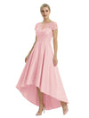 Elegant Mother of The Bride Dress Scoop Short Sleeve Lace Satin High-Low A-Line Gown