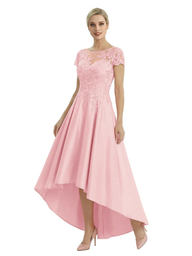 Elegant Mother of The Bride Dress Scoop Short Sleeve Lace Satin High-Low A-Line Gown