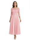 Mother of The Groom Dress Off Shoulder 3/4 Sleeve Lace Satin Midi Gown Classy Pleated