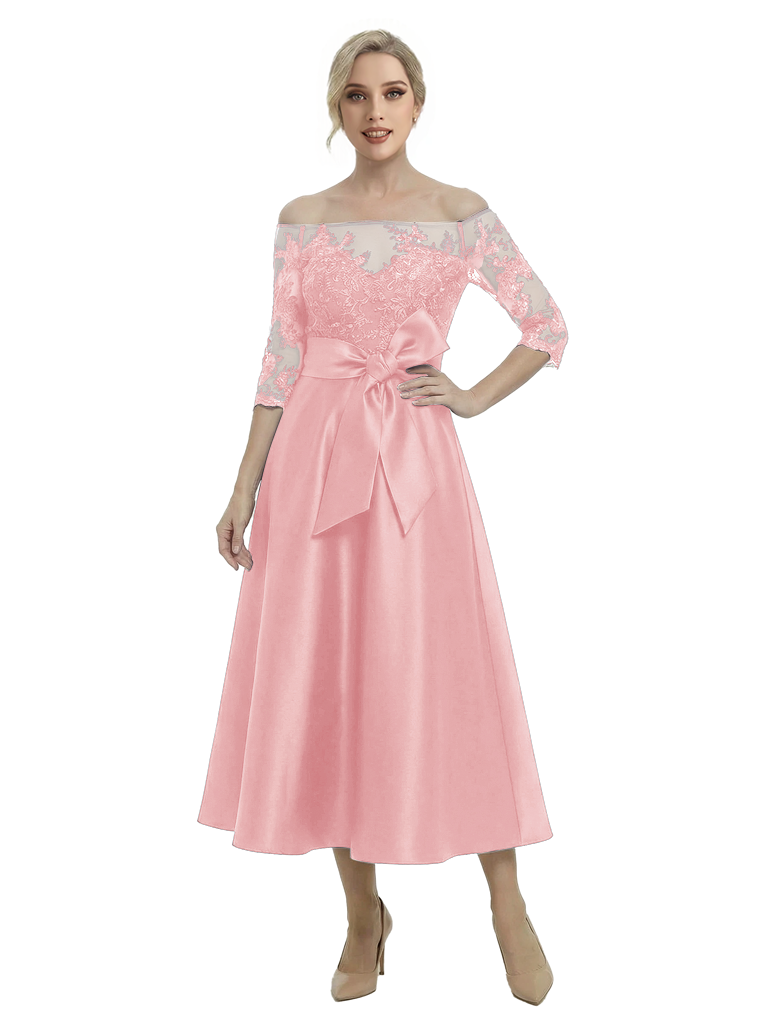 Unique Off Shoulder Tea-Length Satin Mother Of The Bride Dress With Lace Illusion