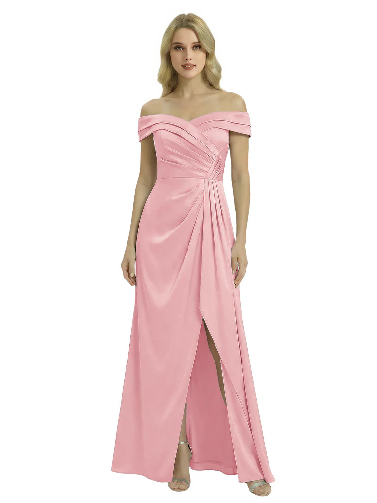 Off The Shoulder Mother Of The Groom Dresses Side Slit Satin Ruched A-Line Gown Off The Shoulder Mother Of The Groom Dresses Side Slit Satin Ruched A-Line Gown