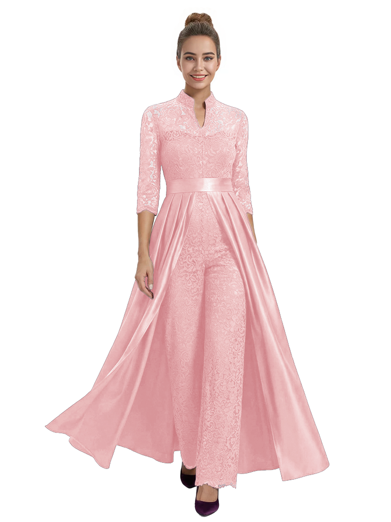 Mother of The Groom Outfit V-Neck 3/4 Sleeve Lace Pantsuit Satin Overskirt