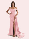 Elegant Mermaid Side Slit Off Shoulder Pleats Soft Satin Long Bridesmaid Dress for Wedding