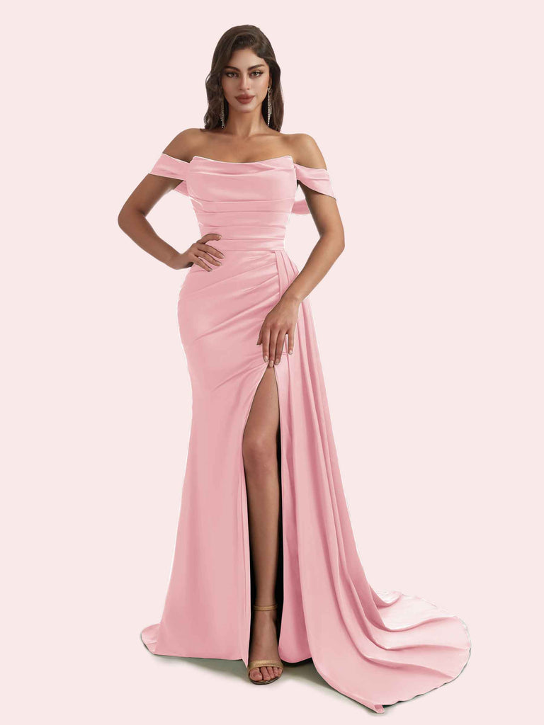 Elegant Mermaid Side Slit Off Shoulder Pleats Soft Satin Long Bridesmaid Dress for Wedding