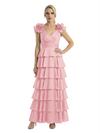 Mother of The Bride Dresses V-Neck Sleeveless Satin Tiered Maxi Gown Unique Flower Detailed Formal Wedding Event Attire