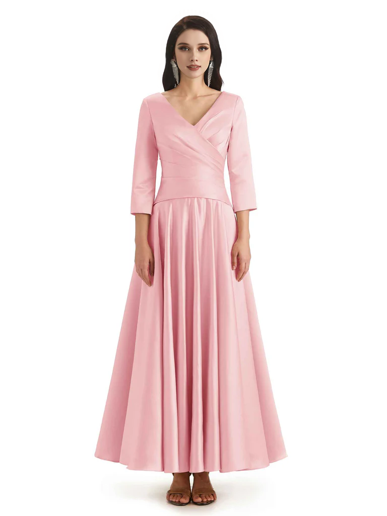 Elegant Soft Satin 3/4 Sleeves V-Neck Ankle Length Mother of The Bride Dresses