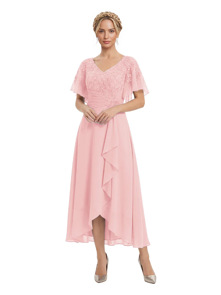 Unique Flutter Sleeves Lace Beaded Short Mother of the Groom Dresses