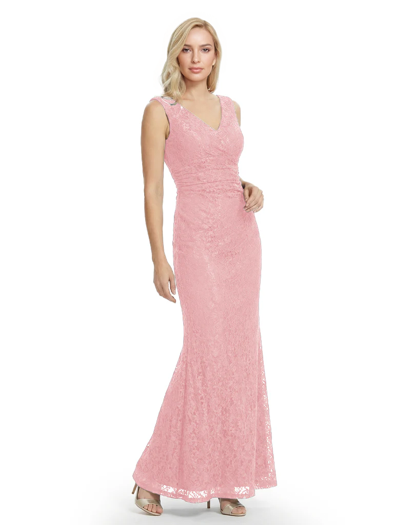 Mother of The Bride Dresses V-Neck Sleeveless Lace Mermaid Maxi Gown Elegant Flowy Formal Wedding Event Dress