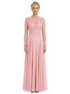Mother of The Bride Dresses Scoop Long Sleeve Lace Chiffon Maxi Gown Pretty Embroidered Formal Wedding Event Attire