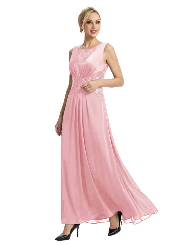 Mother of The Bride Dresses Scoop Sleeveless Lace Chiffon Maxi Gown Classy Ruched Formal Wedding Event Dress