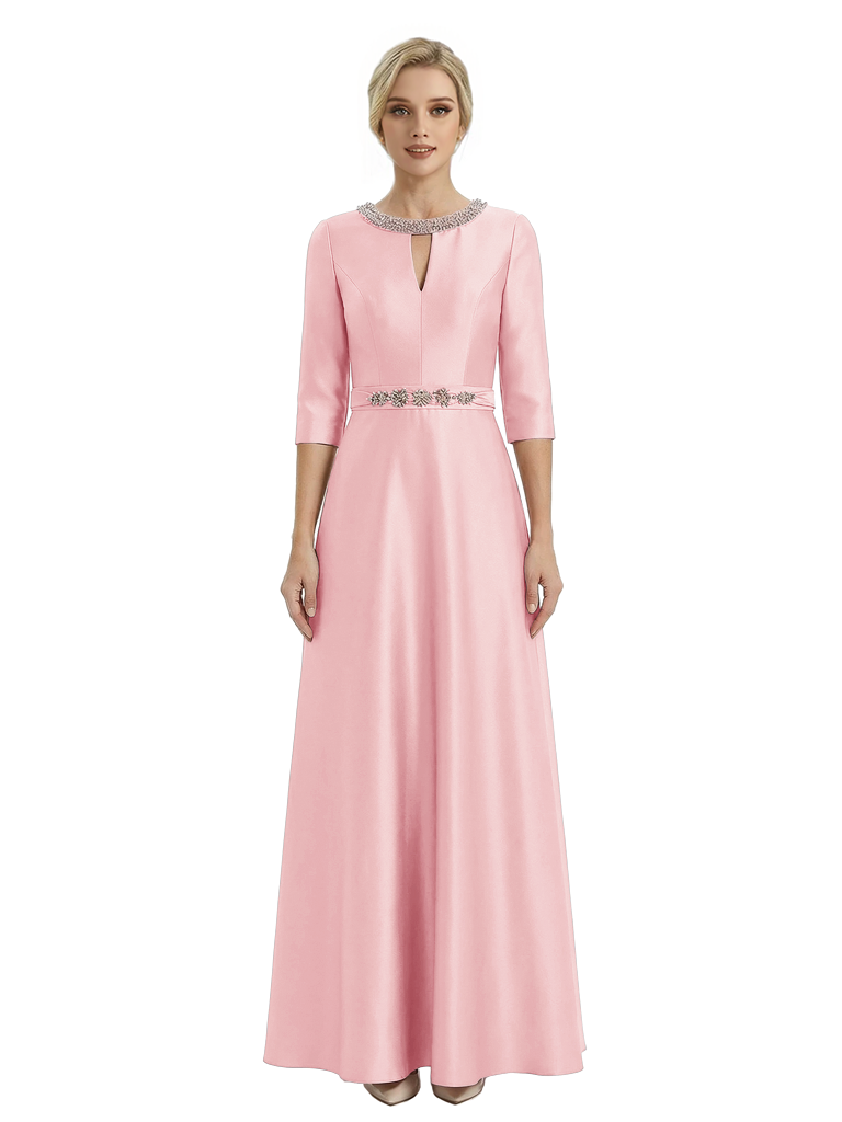 Sophisticated 3/4 Sleeves Beaded A-Line Satin Mother Of The Bride Dress