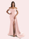 Elegant Mermaid Side Slit Off Shoulder Pleats Soft Satin Long Bridesmaid Dress for Wedding