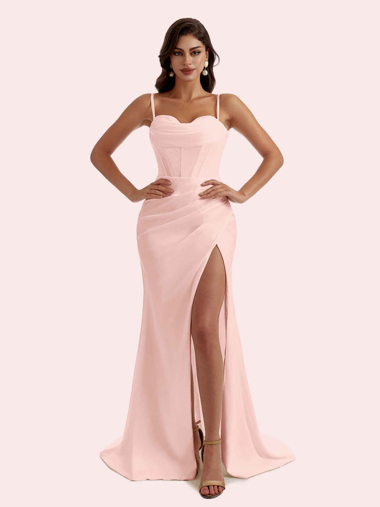 Gorgeous Spaghetti Straps Mermaid Pleats Side Slit Sweetheart Soft Satin Long Bridesmaid Dress For Wedding Gorgeous Spaghetti Straps Mermaid Pleats Side Slit Sweetheart Soft Satin Long Bridesmaid Dress For Wedding