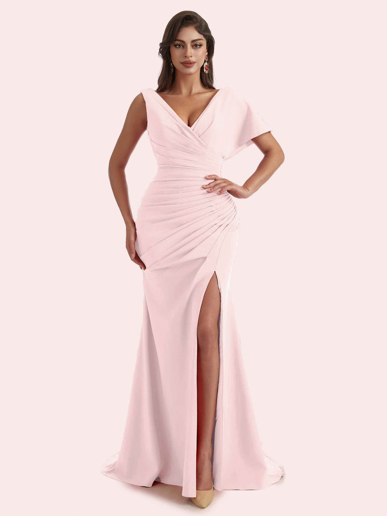 Gorgeous Mermaid Side Slit V Neck Crepe Long Bridesmaid Dress For Wedding Gorgeous Mermaid Side Slit V Neck Crepe Long Bridesmaid Dress For Wedding