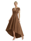 Elegant Mother of The Bride Dress Scoop Short Sleeve Lace Satin High-Low A-Line Gown