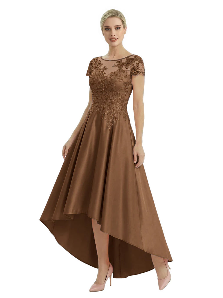 Elegant Mother of The Bride Dress Scoop Short Sleeve Lace Satin High-Low A-Line Gown
