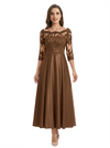 Mother of The Groom Dress Off Shoulder 3/4 Sleeve Lace Satin Midi Gown Classy Pleated