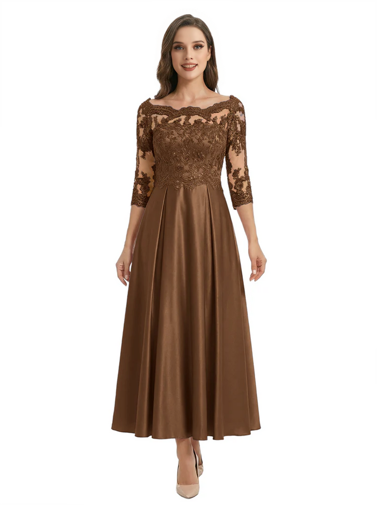 Mother of The Groom Dress Off Shoulder 3/4 Sleeve Lace Satin Midi Gown Classy Pleated