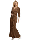 Mother of The Bride Dress Elegant V-Neck 3/4 Sleeve Satin Trumpet Maxi Gown