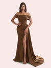 Elegant Mermaid Side Slit Off Shoulder Pleats Soft Satin Long Bridesmaid Dress for Wedding