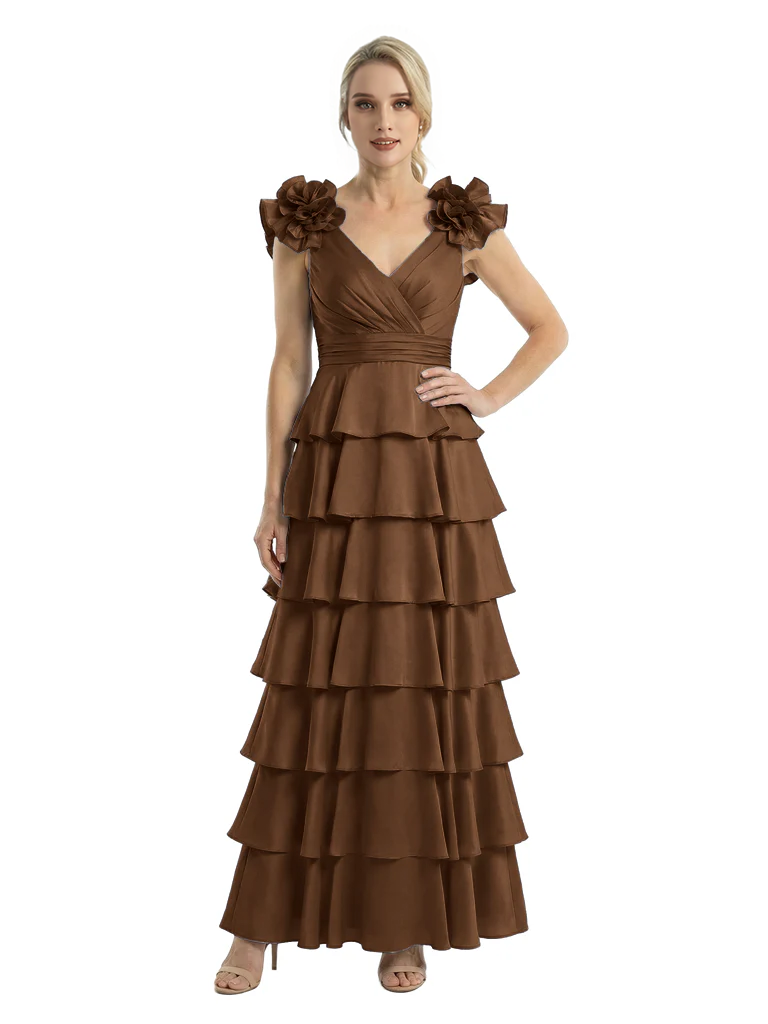 Mother of The Bride Dresses V-Neck Sleeveless Satin Tiered Maxi Gown Unique Flower Detailed Formal Wedding Event Attire