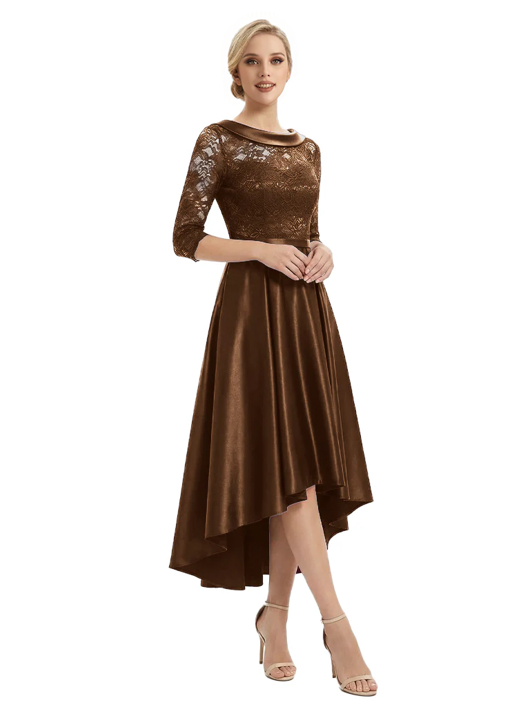 Elegant Boat Neck Satin Lace Mother Of The Bride Dresses High-Low A-Line Gowns