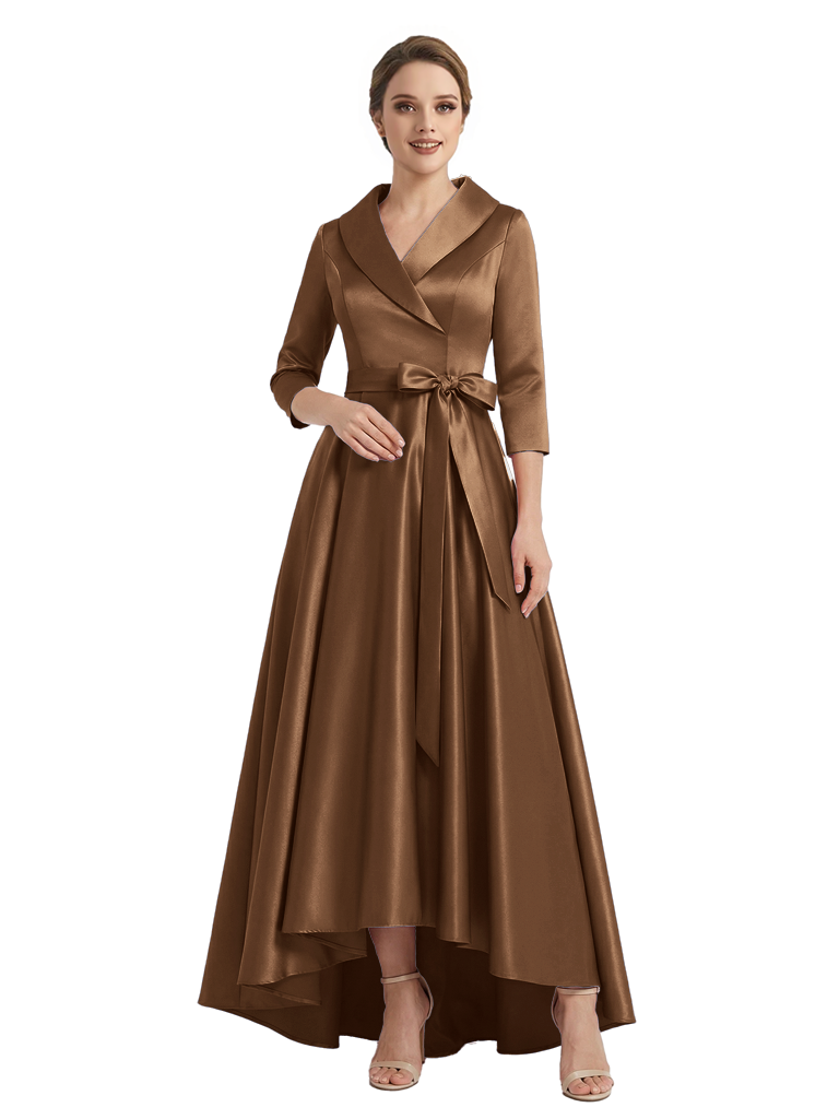 Modern High-Low 3/4 Sleeves Satin Mother Of The Bride Dress With Bow Knot