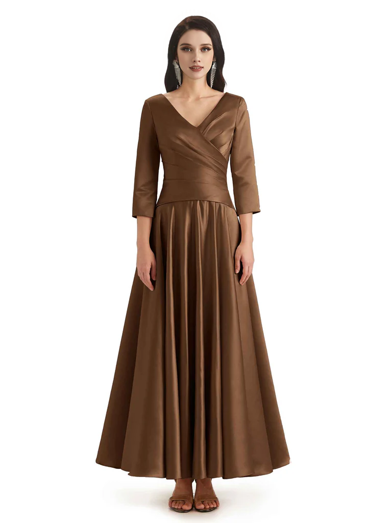 Elegant Soft Satin 3/4 Sleeves V-Neck Ankle Length Mother of The Bride Dresses