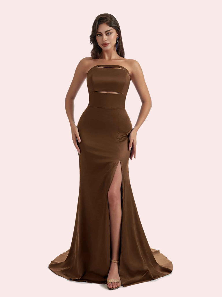 Simple Mermaid Pleats Side Slit Strapless Soft Satin Long Bridesmaid Dress For Wedding Simple Mermaid Pleats Side Slit Strapless Soft Satin Long Bridesmaid Dress For Wedding