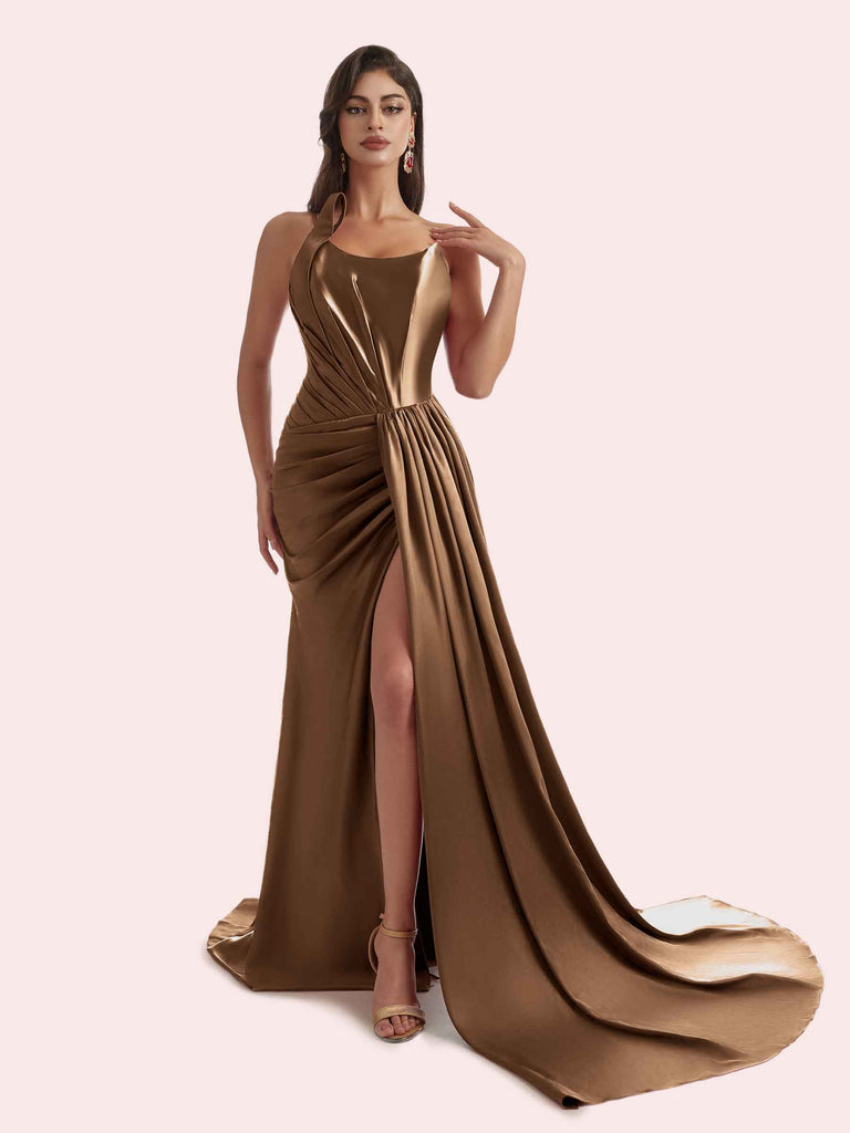 brown one shoulder bridesmaid dress One Shoulder Drape Satin Bridesmaid Dress